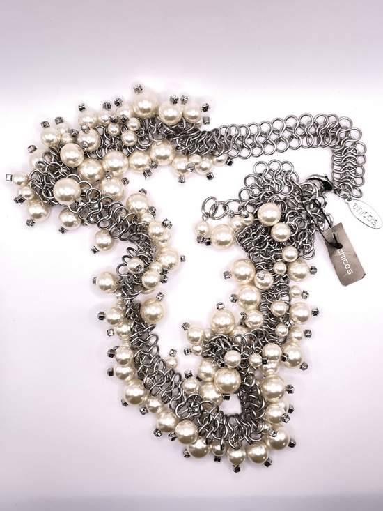 Chico\'s New Faux Pearl Rhinestone Silver Tone Chain Statement Belt main image 14